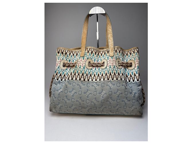Triomphe Céline Vintage Celine Monogram Handtasche Beige Blau Weiß - Ansicht 2