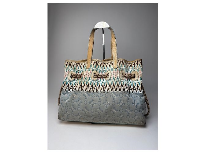 Triomphe Céline Vintage Celine Monogram Handtasche Beige Blau Weiß - Ansicht 8