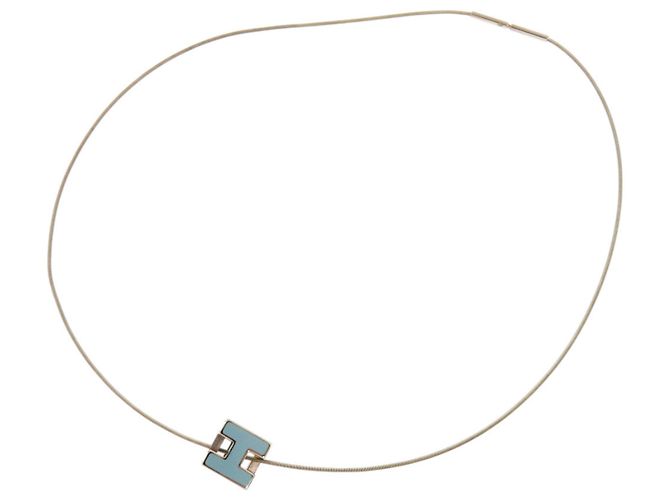 Collier Hermès Carge d'Ache H Cube Métal Bleu Clair Argenté - vue 5