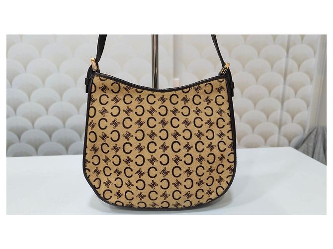 Céline Ava Borsa baguette Triomphe monogramma e pelle beige - vista 14