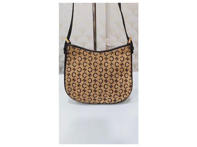 Céline Ava Borsa baguette Triomphe monogramma e pelle beige - vista 3