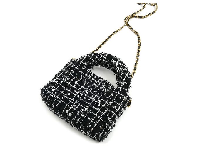 Borsa a spalla mini in tweed nero Chanel con catena - vista 2