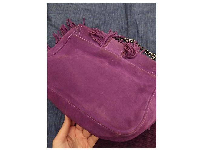 Borsa a Spalla Longchamp Amazone in Pelle Nubuck – Viola – Con Frange – Ottime Condizioni Porpora - vista 8