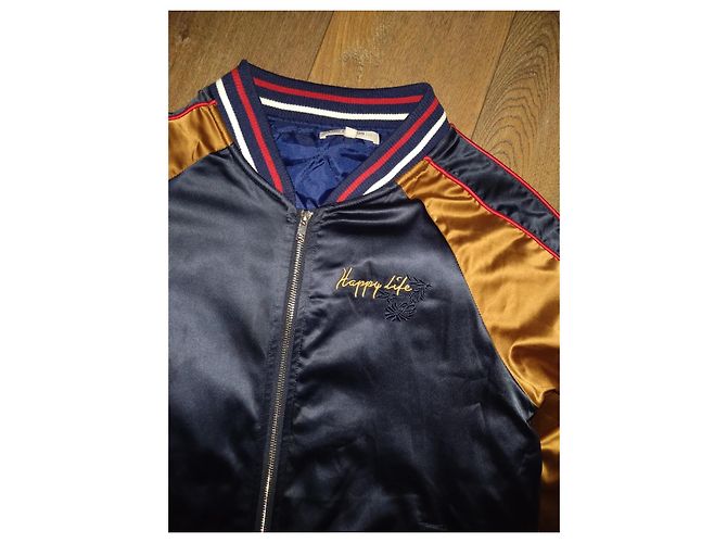 Les Petites Bomberjacke Größe 38 Satin Gelb Senf & Blau Retro-Stil Marineblau - Ansicht 3