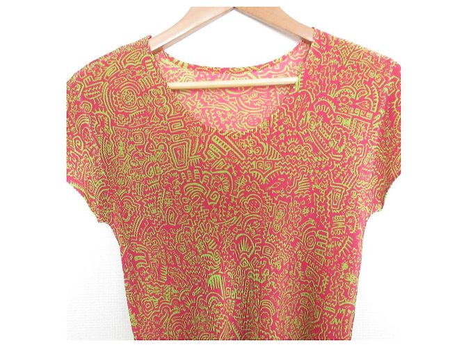 Issey Miyake Top de manga corta plisado impreso PLEATS PLEASE Rosa Verde - vista 3