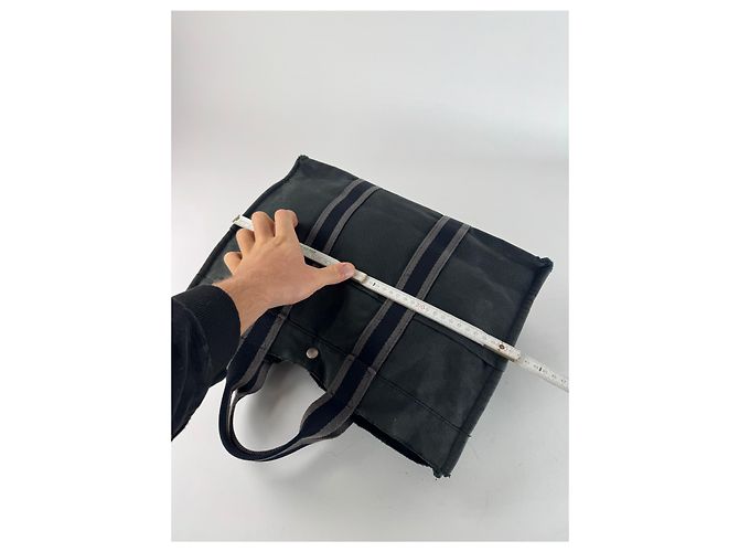 Vintage Hermès Canvas Tote Bag Schwarz Grau - Ansicht 10
