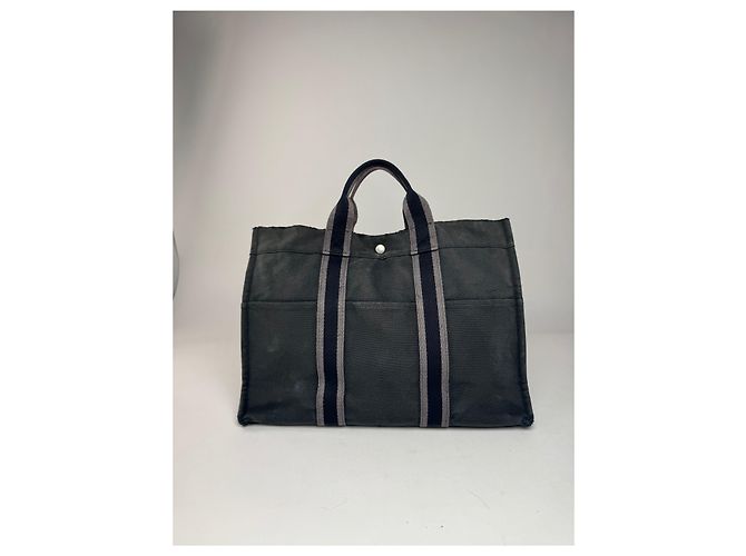 Vintage Hermès Canvas Tote Bag Schwarz Grau - Ansicht 11