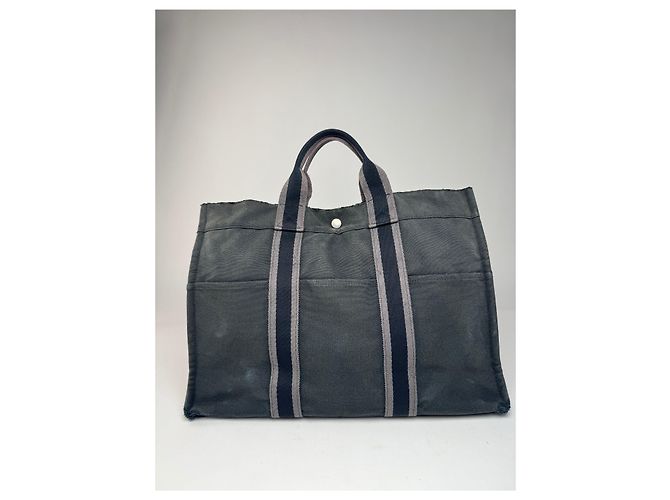 Vintage Hermès Canvas Tote Bag Schwarz Grau - Ansicht 14