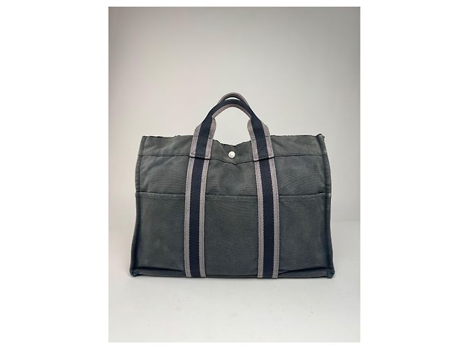 Vintage Hermès Canvas Tote Bag Schwarz Grau - Ansicht 2