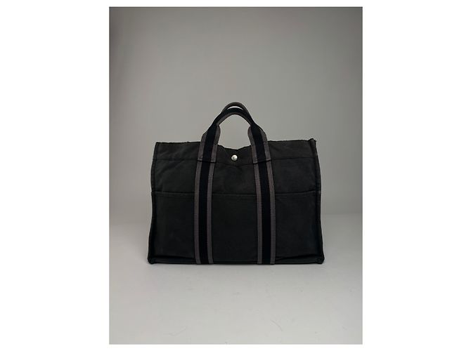 Vintage Hermès Canvas Tote Bag Schwarz Grau - Ansicht 7