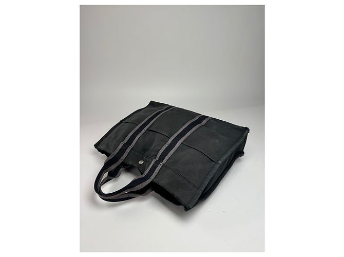 Vintage Hermès Canvas Tote Bag Schwarz Grau - Ansicht 9