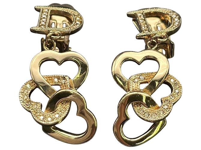 Boucles d'oreilles en forme de cœur en cristal rhinestone doré avec logo Christian Dior - vue 2