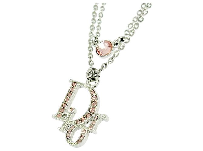 Collana a catena con logo argento Christian Dior e cristalli rosa in strass - vista 2