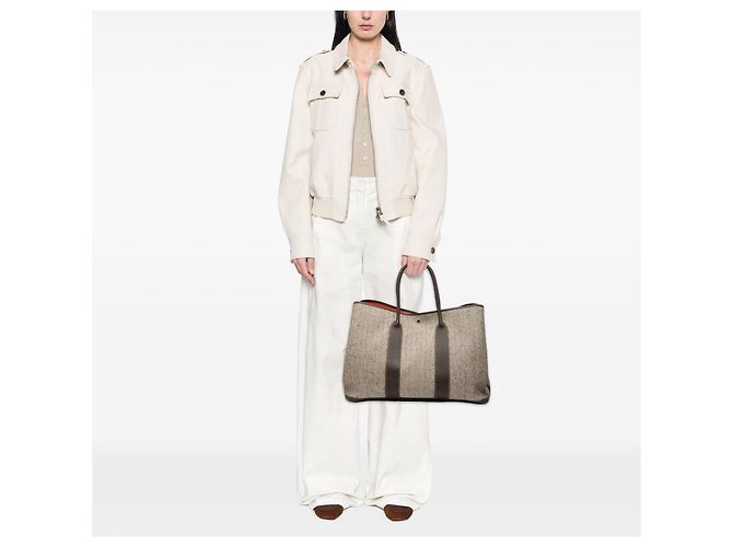 Hermès Borsa Garden Party 49 in Tela Herringbone e Negonda Marrone Taupe - vista 6