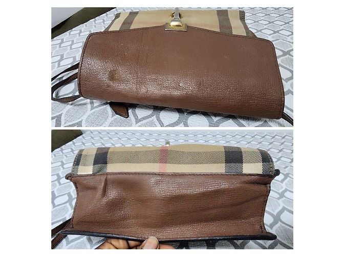 Borsa a tracolla Macken Small in pelle di vitello House Check Beige/Marrone di BURBERRY - vista 7