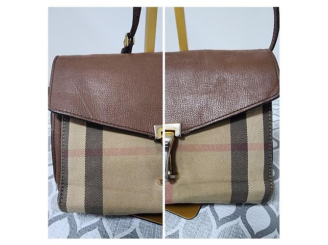 Borsa a tracolla Macken Small in pelle di vitello House Check Beige/Marrone di BURBERRY - vista 8