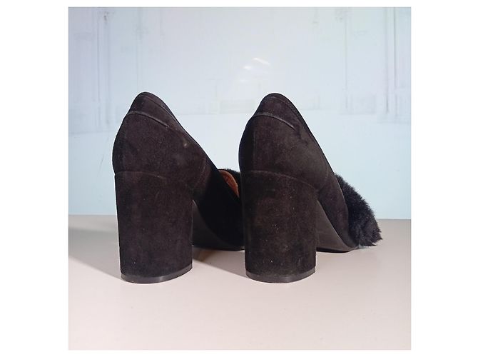 Décolleté Pollini in camoscio nero con inserto in pelliccia e tacco blocco - vista 5