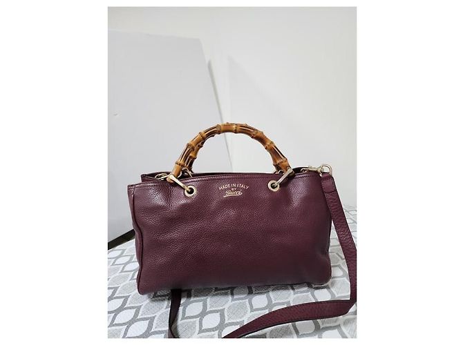 Bamboo Gucci Bolso de compras mediano de cuero texturizado con asas de bambú - Burdeos - vista 15
