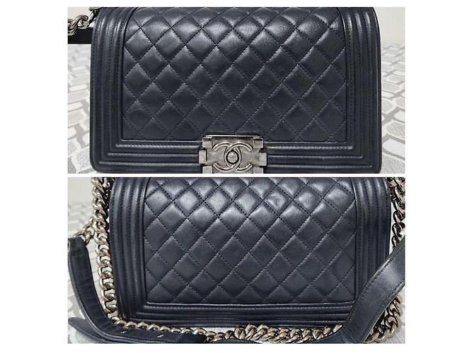 Borsa a spalla CHANEL Boy in pelle caviar trapuntata, media, blu navy - vista 15
