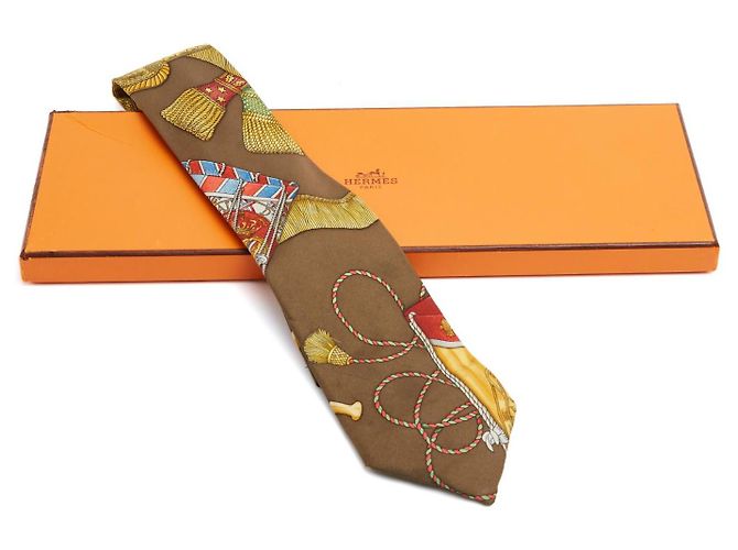 Cravatta Twilly Hermès 1989 Tambours Seta Twill Marrone Chiaro Nodo Hermes Multicolore - vista 6
