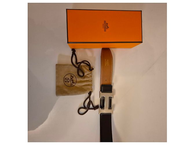 Hermès Wendegürtel – Glattes Leder & Genarbtes Leder – Silberne H-Schnalle Schwarz Kamel - Ansicht 10