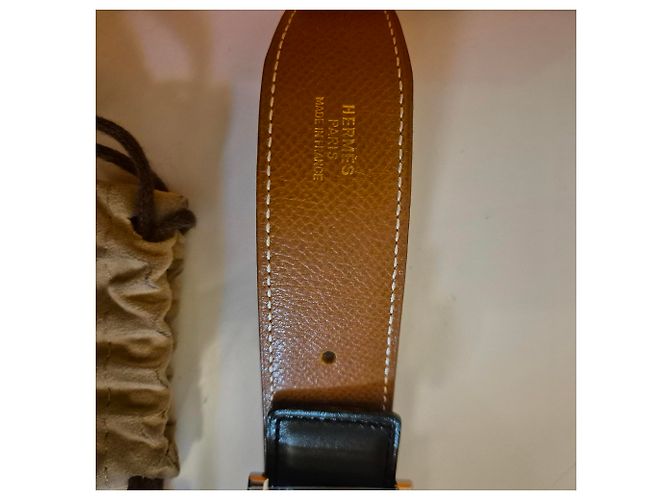 Hermès Wendegürtel – Glattes Leder & Genarbtes Leder – Silberne H-Schnalle Schwarz Kamel - Ansicht 11