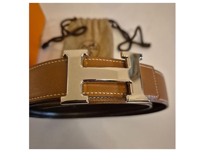 Hermès Wendegürtel – Glattes Leder & Genarbtes Leder – Silberne H-Schnalle Schwarz Kamel - Ansicht 2