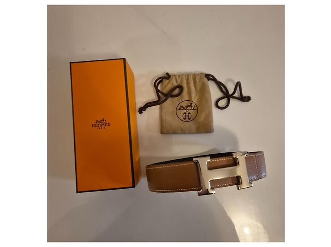 Hermès Wendegürtel – Glattes Leder & Genarbtes Leder – Silberne H-Schnalle Schwarz Kamel - Ansicht 3