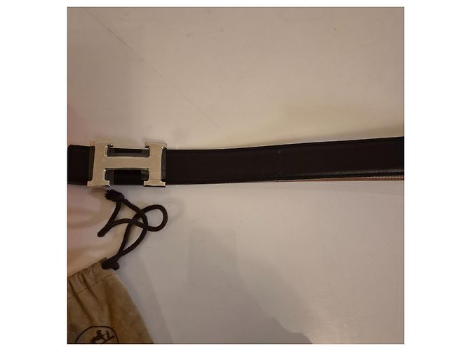 Hermès Wendegürtel – Glattes Leder & Genarbtes Leder – Silberne H-Schnalle Schwarz Kamel - Ansicht 4