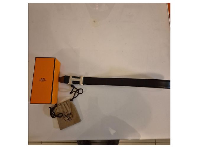 Hermès Wendegürtel – Glattes Leder & Genarbtes Leder – Silberne H-Schnalle Schwarz Kamel - Ansicht 5