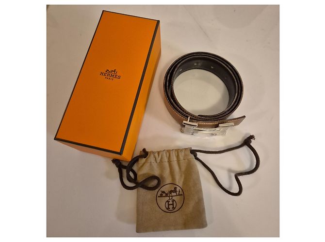 Hermès Wendegürtel – Glattes Leder & Genarbtes Leder – Silberne H-Schnalle Schwarz Kamel - Ansicht 8