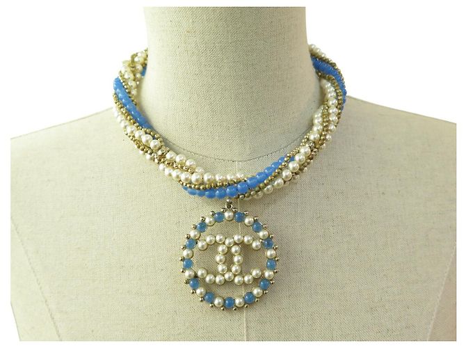 CHANEL HALSKETTE CC LOGO ANHÄNGER 2018 BLAUE PERLEN MUTTERPERLE BOX PERLENHALSKETTE Golden - Ansicht 16