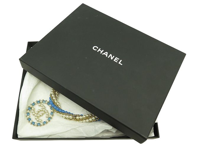 CHANEL HALSKETTE CC LOGO ANHÄNGER 2018 BLAUE PERLEN MUTTERPERLE BOX PERLENHALSKETTE Golden - Ansicht 17