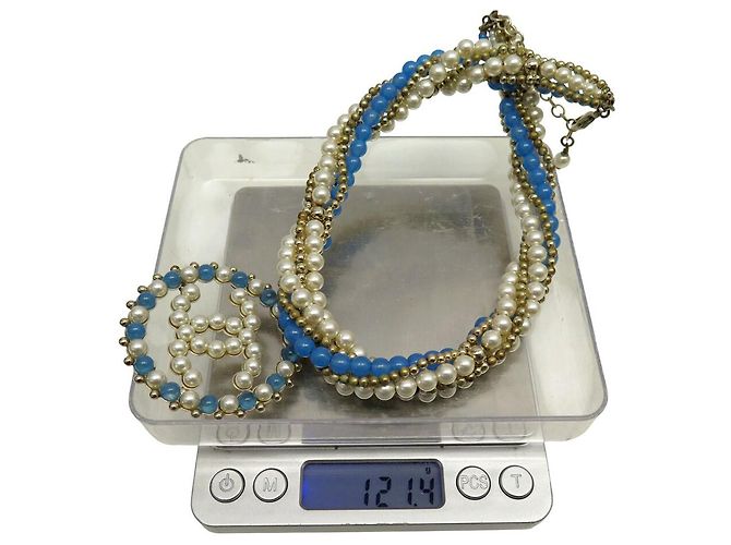 CHANEL HALSKETTE CC LOGO ANHÄNGER 2018 BLAUE PERLEN MUTTERPERLE BOX PERLENHALSKETTE Golden - Ansicht 18