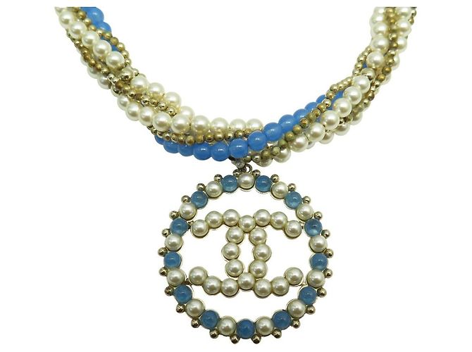 CHANEL HALSKETTE CC LOGO ANHÄNGER 2018 BLAUE PERLEN MUTTERPERLE BOX PERLENHALSKETTE Golden - Ansicht 2