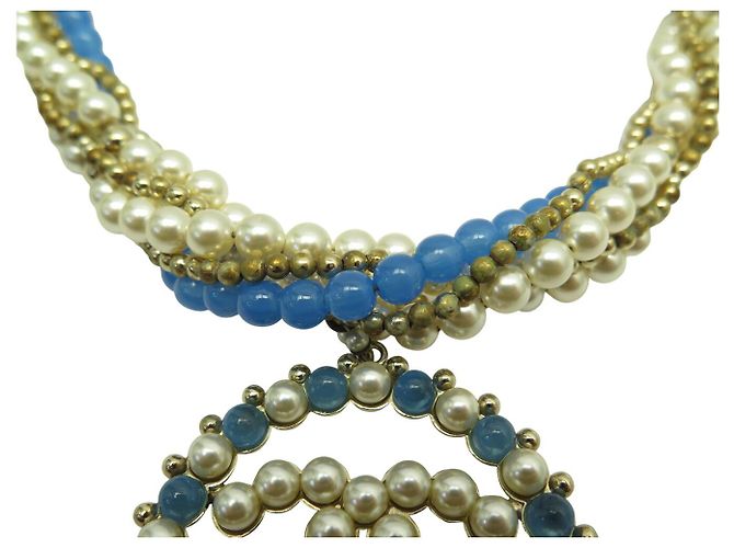 CHANEL HALSKETTE CC LOGO ANHÄNGER 2018 BLAUE PERLEN MUTTERPERLE BOX PERLENHALSKETTE Golden - Ansicht 5