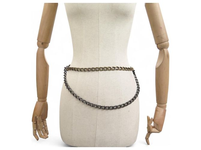 VINTAGE LANVIN DOPPELRINGE KETTE GÜRTEL T90 ALTER METALL & LEDER Golden - Ansicht 2