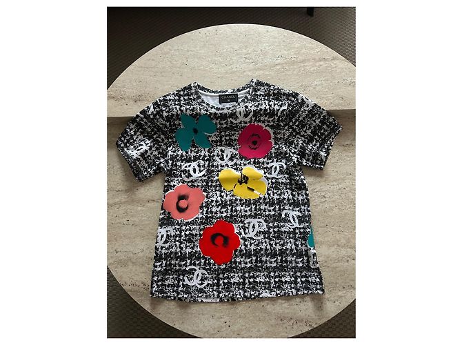 Chanel Baumwoll-Top mit Blumenmuster Schwarz Weiß CC Logo Größe 38 Mehrfarben - Ansicht 2