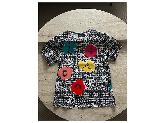 Chanel Baumwoll-Top mit Blumenmuster Schwarz Weiß CC Logo Größe 38 Mehrfarben - Ansicht 4