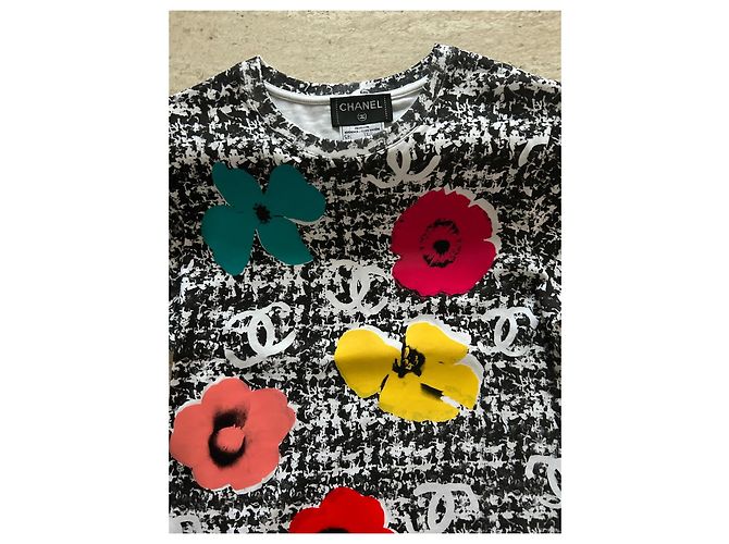 Chanel Baumwoll-Top mit Blumenmuster Schwarz Weiß CC Logo Größe 38 Mehrfarben - Ansicht 5