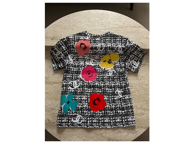 Chanel Baumwoll-Top mit Blumenmuster Schwarz Weiß CC Logo Größe 38 Mehrfarben - Ansicht 7