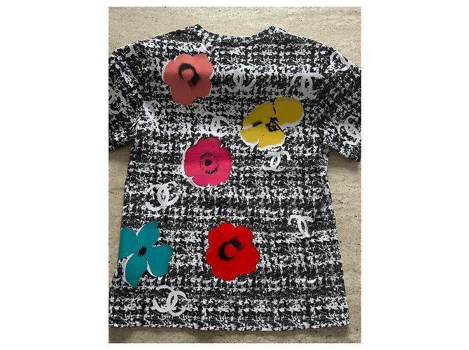 Chanel Baumwoll-Top mit Blumenmuster Schwarz Weiß CC Logo Größe 38 Mehrfarben - Ansicht 9