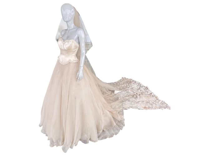 Autre Marque Hochzeitskleid Hollywood Dreams Designer Champagner Seide Weiß Beige - Ansicht 10
