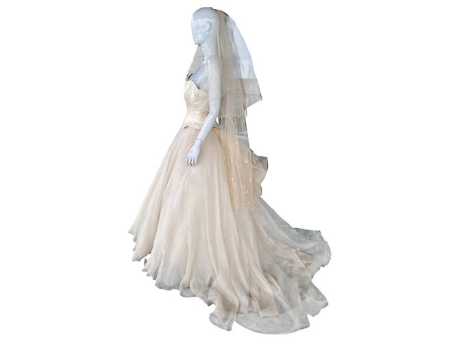 Autre Marque Hochzeitskleid Hollywood Dreams Designer Champagner Seide Weiß Beige - Ansicht 14