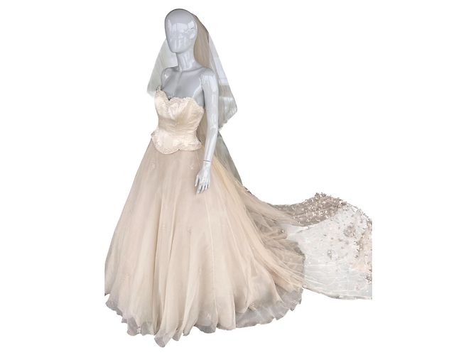 Autre Marque Hochzeitskleid Hollywood Dreams Designer Champagner Seide Weiß Beige - Ansicht 7