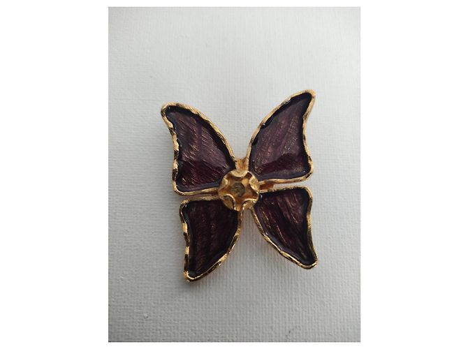 Spilla Farfalla Yves Saint Laurent Oro e Smalto Viola Porpora - vista 2