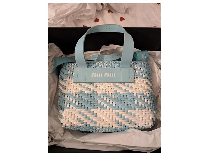 Borsa Tote Miu Miu in pelle bianca e blu Bianco Blu chiaro - vista 2