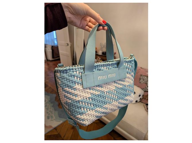 Borsa Tote Miu Miu in pelle bianca e blu Bianco Blu chiaro - vista 3