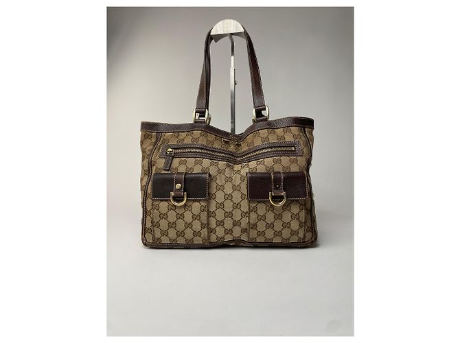 Vintage Gucci Monogram Handtasche Beige Braun - Ansicht 14
