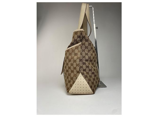 Vintage Gucci Monogram Handtasche Beige Braun Weiß - Ansicht 3